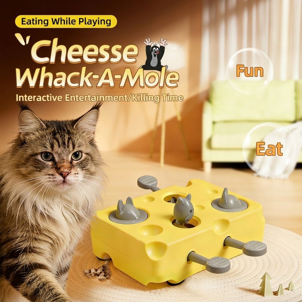 Interactive Cheese Whack-a-Mole Puzzle Toy for Cats and Dogs – Treat Dispensing Snack Feeder, Brain Training Enrichment Game, and Fun Pet-owner Bonding Activity for Indoor Play (Yellow)