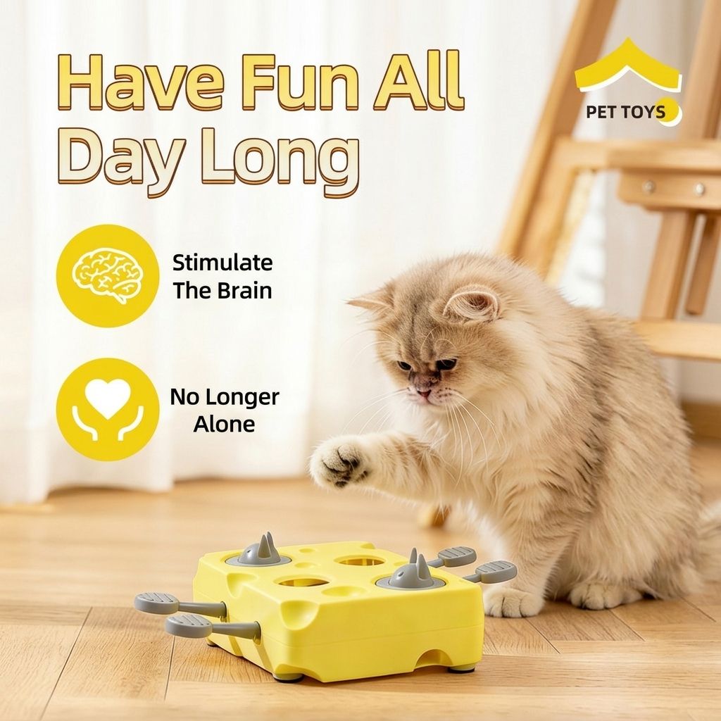 Interactive Cheese Whack-a-Mole Puzzle Toy for Cats and Dogs – Treat Dispensing Snack Feeder, Brain Training Enrichment Game, and Fun Pet-owner Bonding Activity for Indoor Play (Yellow)