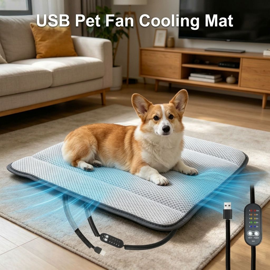 USB-Powered Pet Cooling Mat with Upgraded Fan Ventilation, Anti-Bite Cord, Breathable Mesh Surface for Dogs and Cats, Perfect for Floor, Sofa, or Car Seat Summer Comfort (Grey)