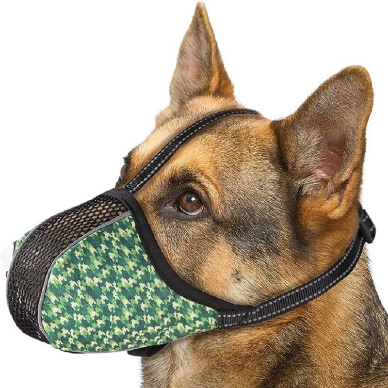 Adjustable Long-Snout Dog Muzzle with Breathable Mesh Front and Reflective Straps, Printed Fabric Sides, Anti-Biting and Anti-Scavenging Mouth Cover for Outdoor Walks, Fits Small to Large Long-Nosed Breeds (Green Check, S)