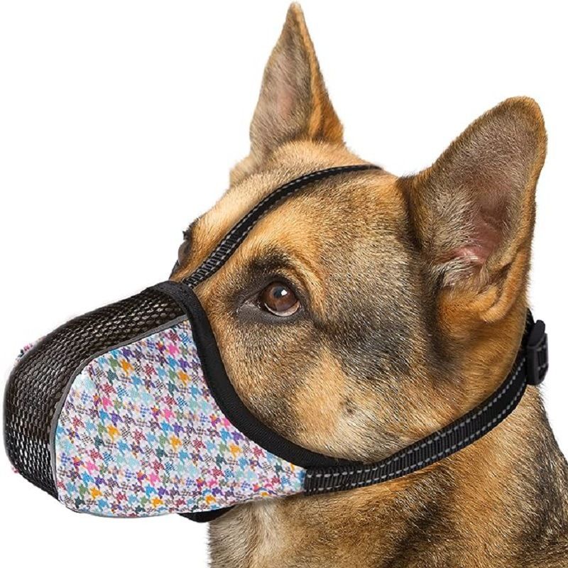 Adjustable Long-Snout Dog Muzzle with Breathable Mesh Front and Reflective Straps, Printed Fabric Sides, Anti-Biting and Anti-Scavenging Mouth Cover for Outdoor Walks, Fits Small to Large Long-Nosed Breeds (Green Check, S)