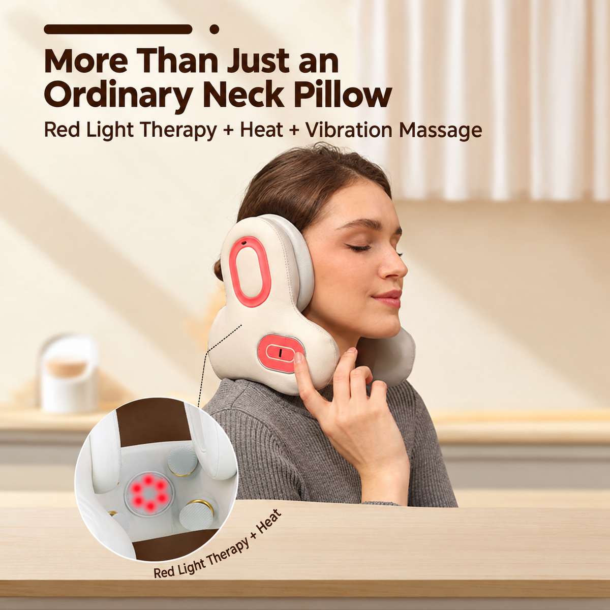 Multifunctional U-Shaped Neck Pillow Massager with Heat Red Light Therapy ANC Noise Cancellation Bluetooth Audio and Hands-Free Calling for Home Office and Travel Relaxation (White)