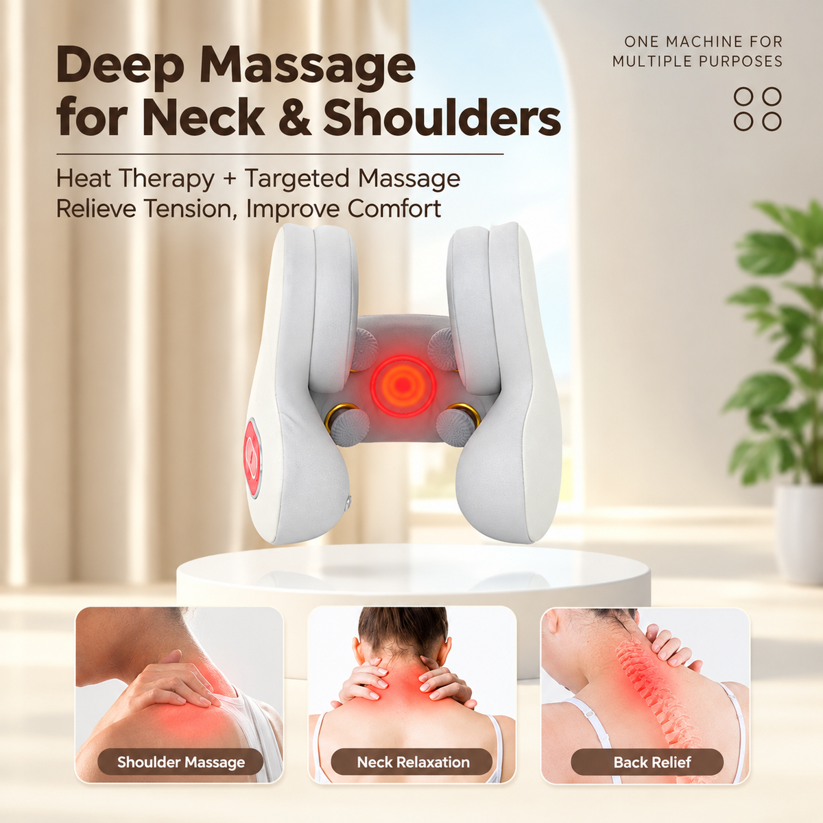 Multifunctional U-Shaped Neck Pillow Massager with Heat Red Light Therapy ANC Noise Cancellation Bluetooth Audio and Hands-Free Calling for Home Office and Travel Relaxation (White)