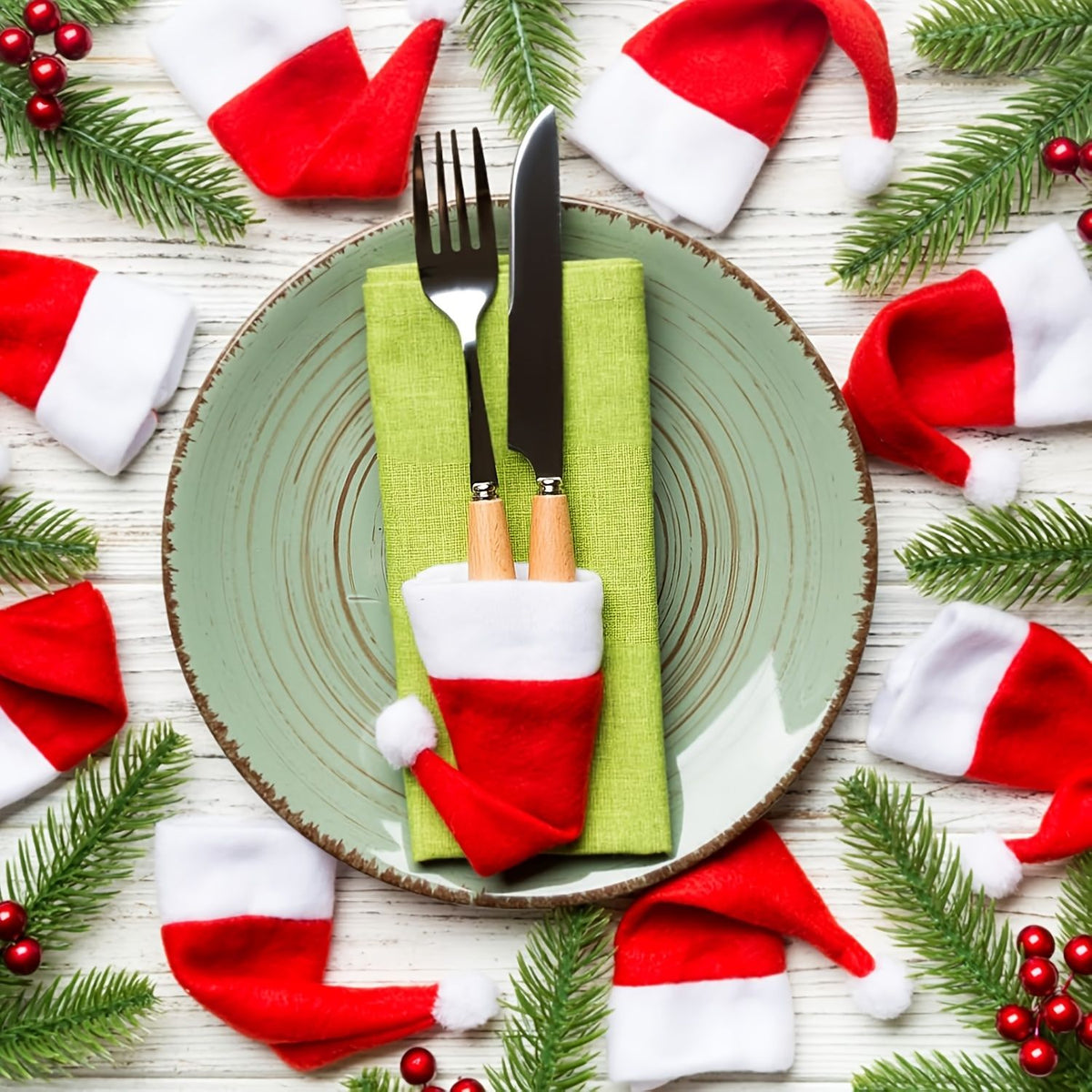 Christmas Decoration 16-Piece Set: Festive Chair Covers and Mini Santa Hat Utensil Sleeves for Holiday Dinner Parties, Table Decor, and Wine Bottle Accents (Red)