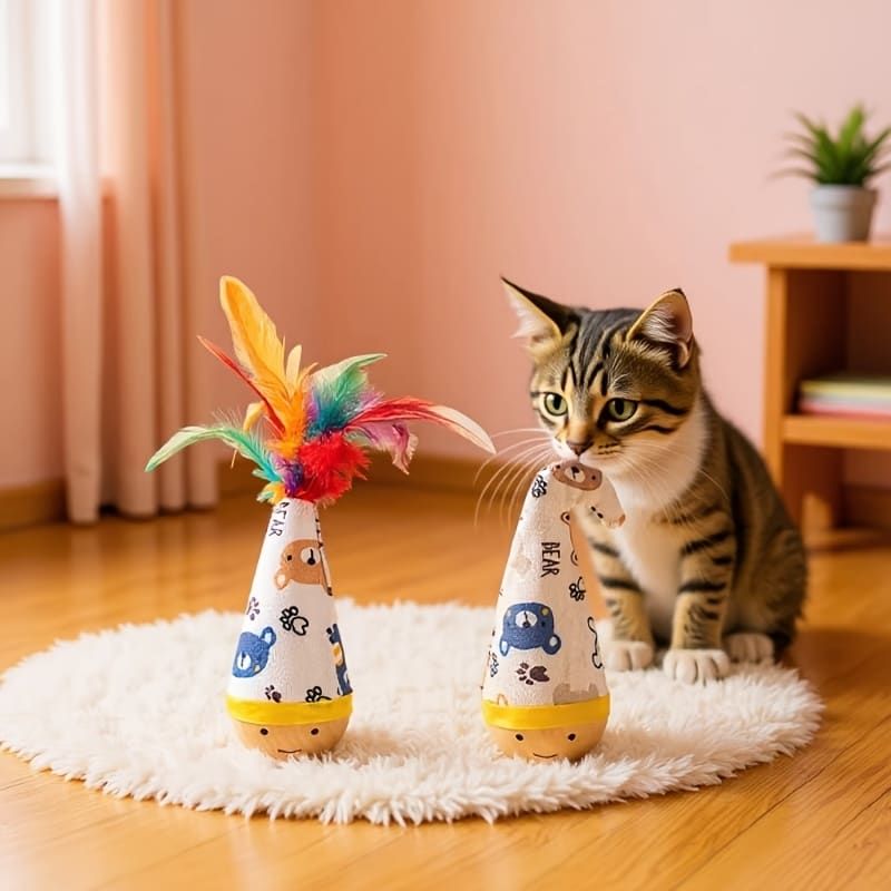Interactive Wobble Cat Toy with Feathers and Wooden Base – Durable, Self-Righting Design for Endless Play, Exercise, and Entertainment for All Cat Breeds and Sizes (Feather, White)