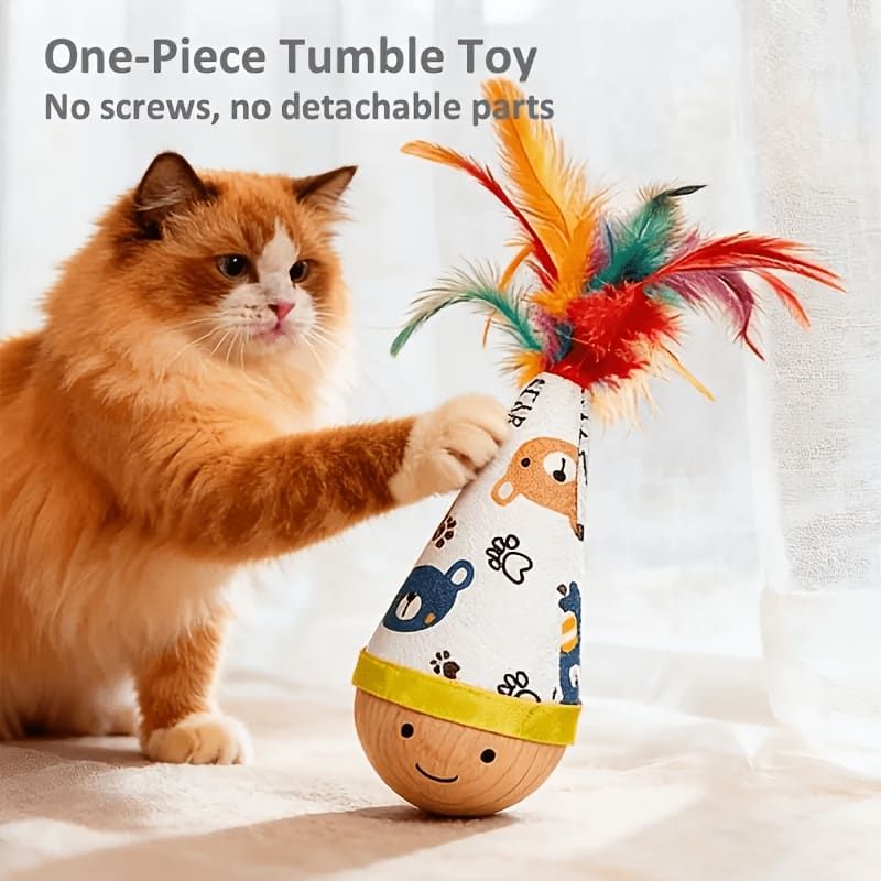 Interactive Wobble Cat Toy with Feathers and Wooden Base – Durable, Self-Righting Design for Endless Play, Exercise, and Entertainment for All Cat Breeds and Sizes (Feather, White)
