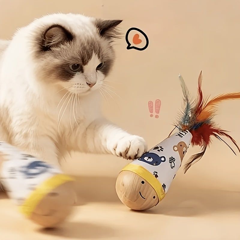 Interactive Wobble Cat Toy with Feathers and Wooden Base – Durable, Self-Righting Design for Endless Play, Exercise, and Entertainment for All Cat Breeds and Sizes (Feather, White)