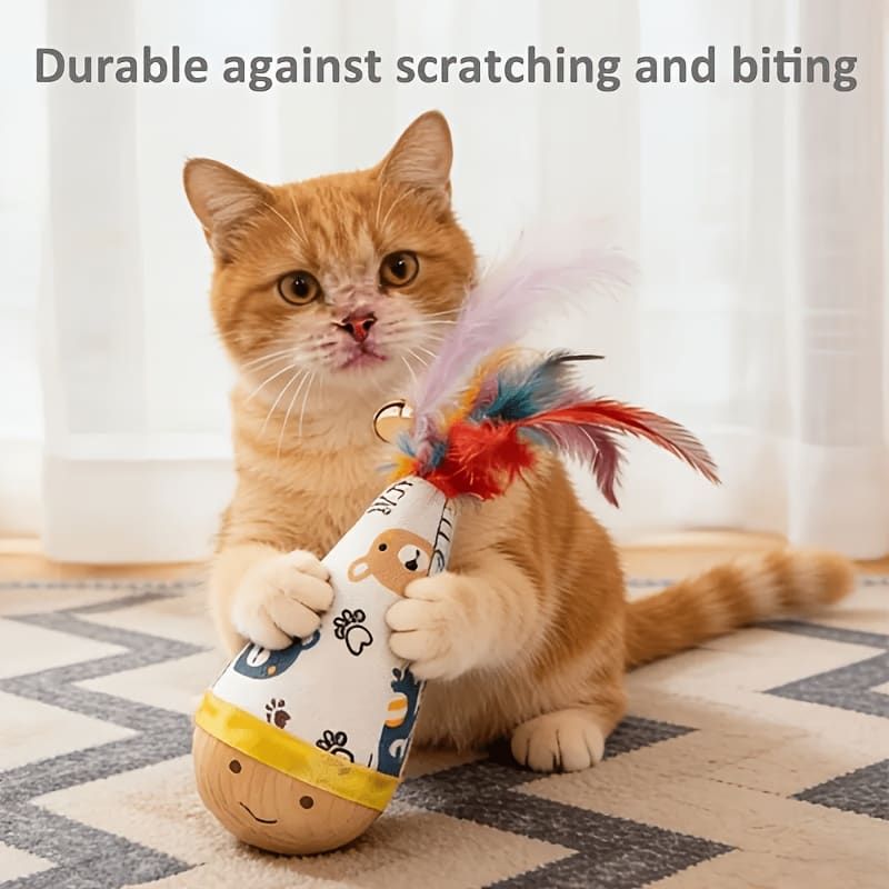 Interactive Wobble Cat Toy with Feathers and Wooden Base – Durable, Self-Righting Design for Endless Play, Exercise, and Entertainment for All Cat Breeds and Sizes (Feather, White)