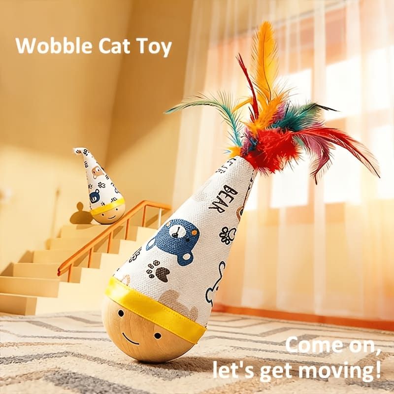 Interactive Wobble Cat Toy with Feathers and Wooden Base – Durable, Self-Righting Design for Endless Play, Exercise, and Entertainment for All Cat Breeds and Sizes (NoFeather, White)