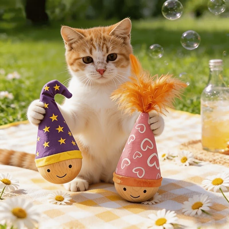 Interactive Wobble Cat Toy with Feathers and Wooden Base – Durable, Self-Righting Design for Endless Play, Exercise, and Entertainment for All Cat Breeds and Sizes (NoFeather, White)