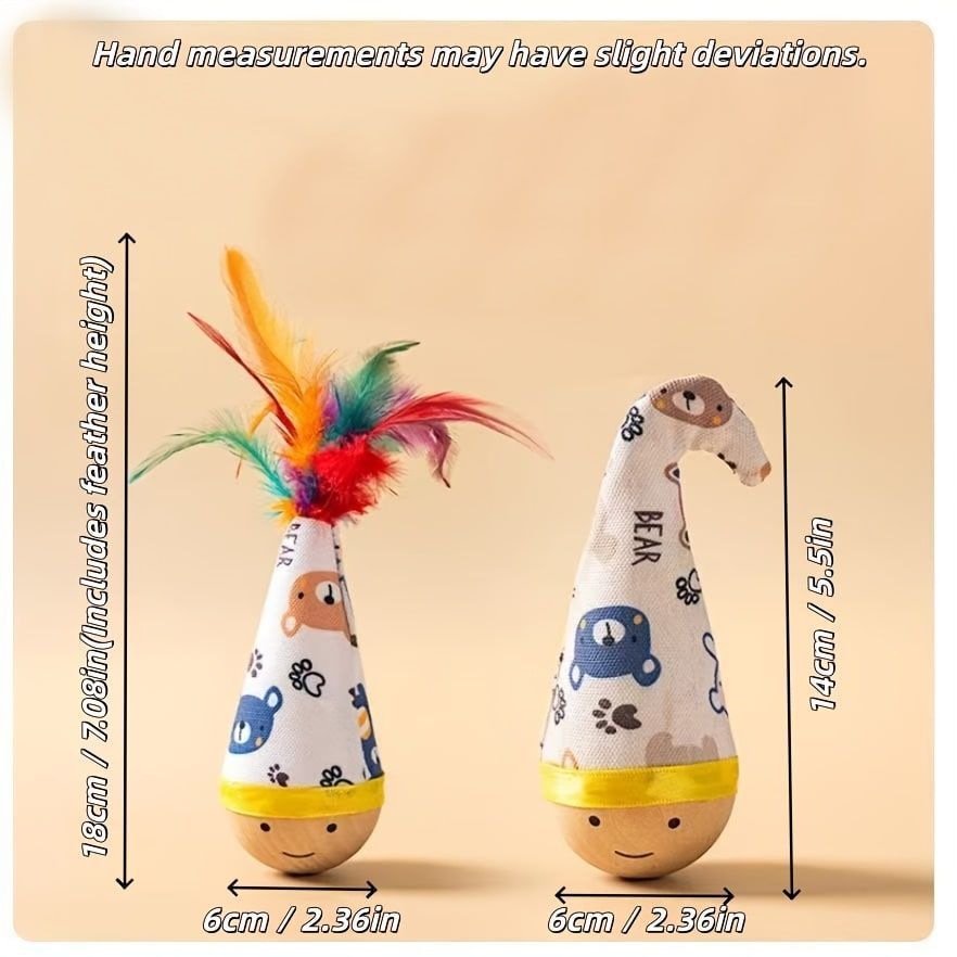 Interactive Wobble Cat Toy with Feathers and Wooden Base – Durable, Self-Righting Design for Endless Play, Exercise, and Entertainment for All Cat Breeds and Sizes (NoFeather, White)