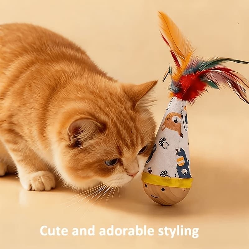 Interactive Wobble Cat Toy with Feathers and Wooden Base – Durable, Self-Righting Design for Endless Play, Exercise, and Entertainment for All Cat Breeds and Sizes (NoFeather, White)