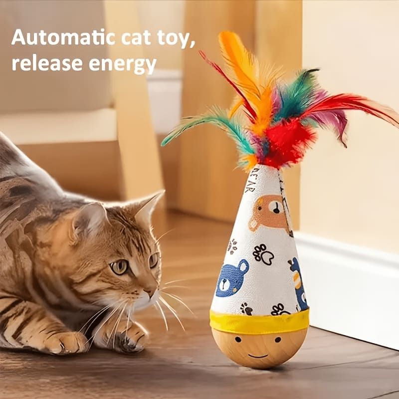 Interactive Wobble Cat Toy with Feathers and Wooden Base – Durable, Self-Righting Design for Endless Play, Exercise, and Entertainment for All Cat Breeds and Sizes (NoFeather, White)