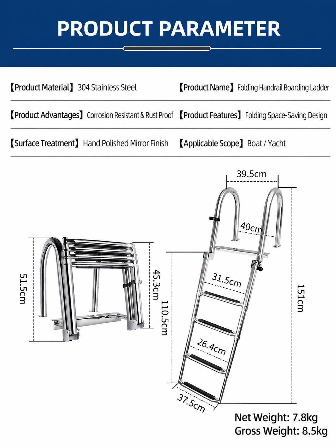 Foldable Four-Step Boat Ladder with Safety Handrail, Marine-Grade Stainless Steel Boarding Ladder for Yachts and Boats, Space-Saving Telescoping Design for Easy Onboard Access and Docking (4-Step)