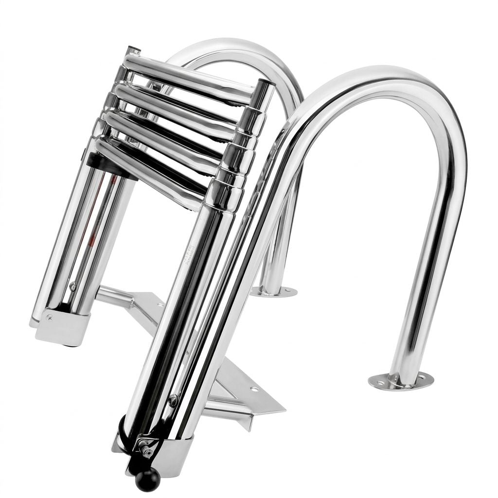 Foldable Four-Step Boat Ladder with Safety Handrail, Marine-Grade Stainless Steel Boarding Ladder for Yachts and Boats, Space-Saving Telescoping Design for Easy Onboard Access and Docking (4-Step)