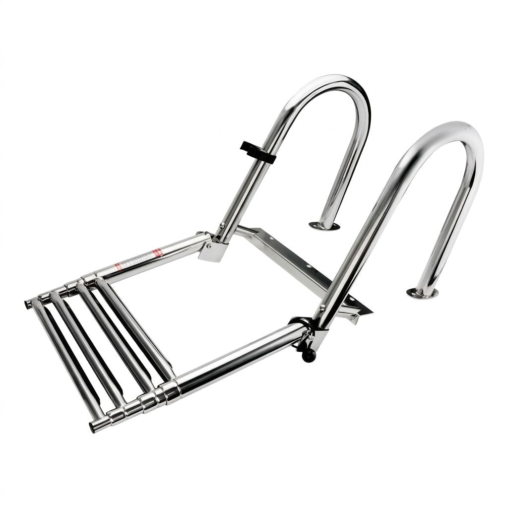 Foldable Four-Step Boat Ladder with Safety Handrail, Marine-Grade Stainless Steel Boarding Ladder for Yachts and Boats, Space-Saving Telescoping Design for Easy Onboard Access and Docking (4-Step)