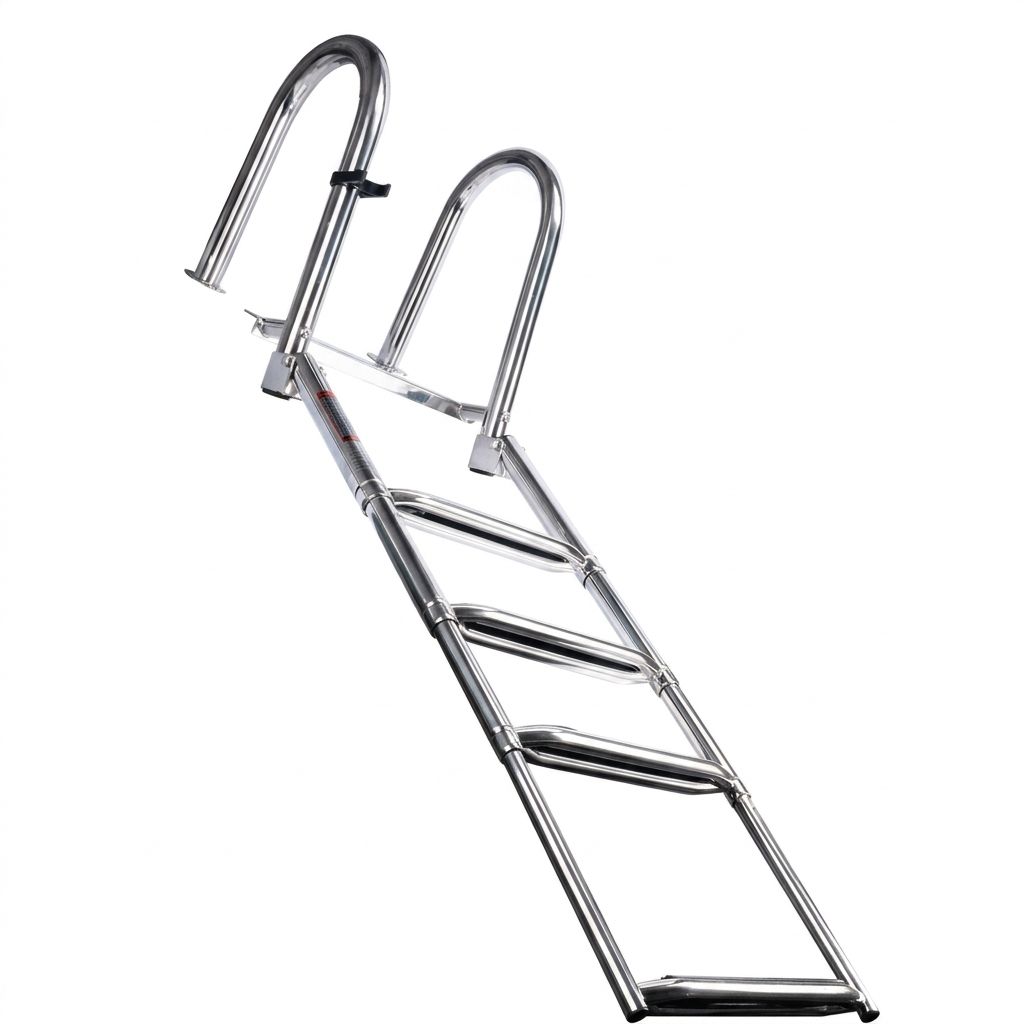 Foldable Four-Step Boat Ladder with Safety Handrail, Marine-Grade Stainless Steel Boarding Ladder for Yachts and Boats, Space-Saving Telescoping Design for Easy Onboard Access and Docking (4-Step)