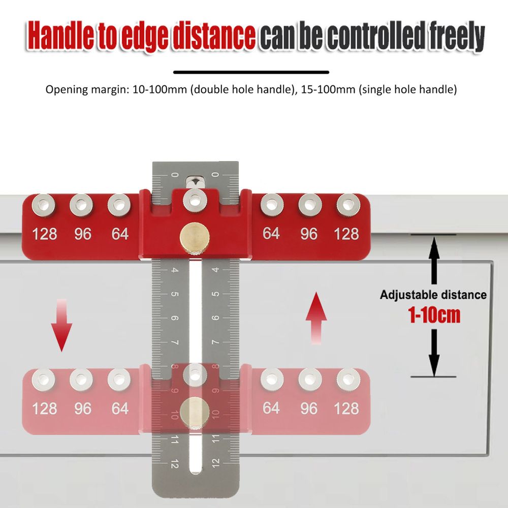 Aluminum Alloy Cabinet Handle Drilling Jig with Adjustable Cross Sliding Structure for Precise Hole Positioning on Drawers, Cupboards, Wardrobes and File Shelves (Red)