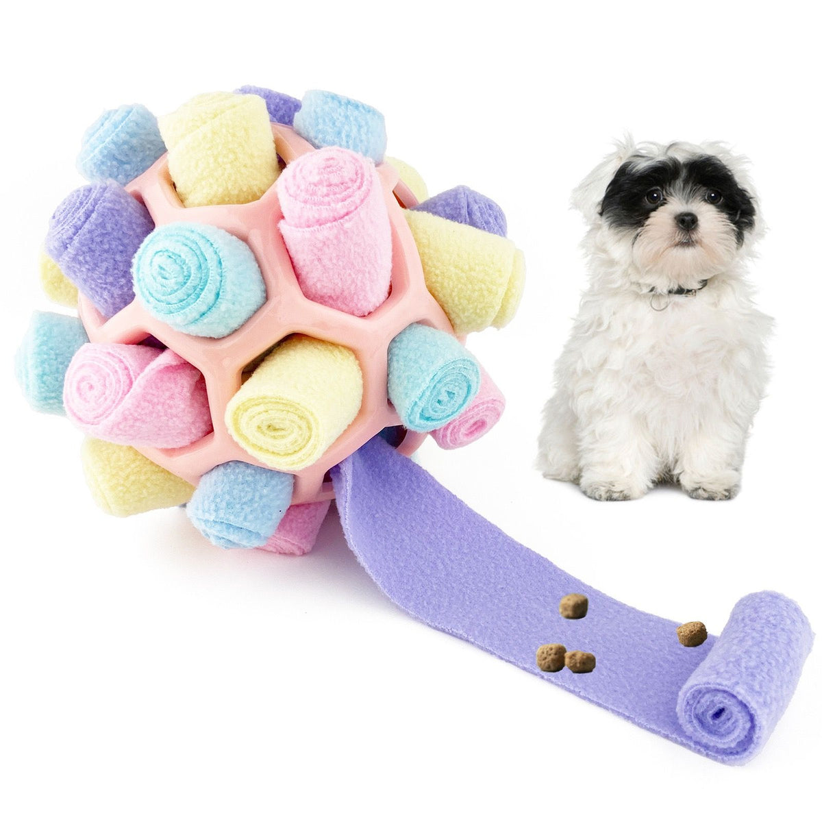 Interactive Snuffle Ball Dog Toy for Mental Stimulation and Foraging – Plush Fabric Strips in a Durable Hollow Ball for Hiding Treats, Encouraging Natural Sniffing Instincts, and Keeping Your Pup Busy (F)