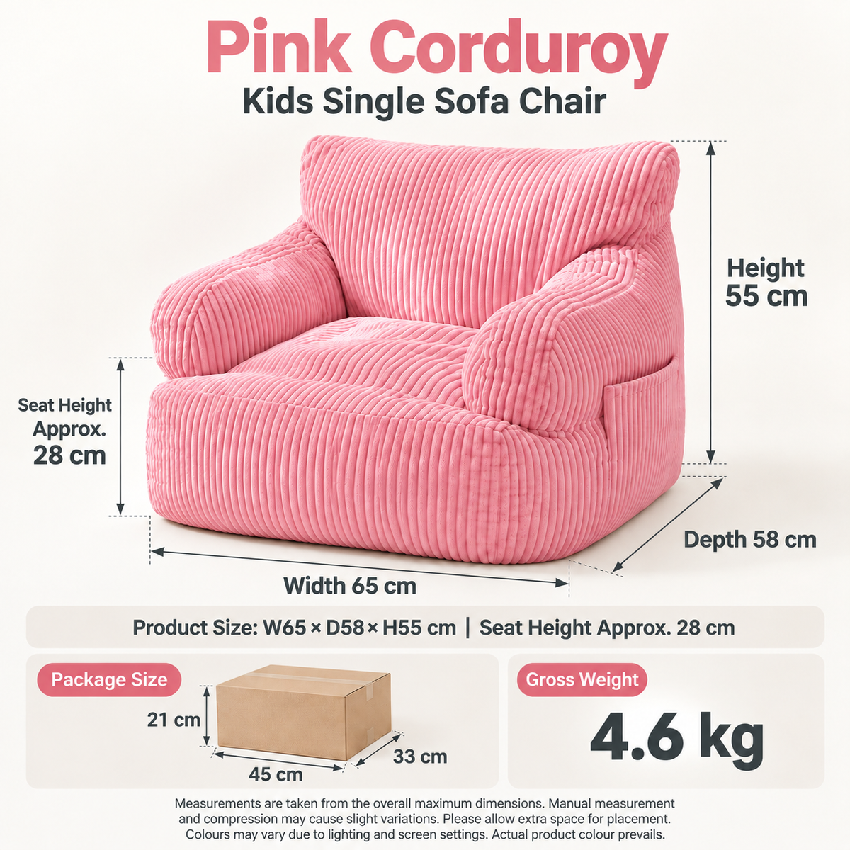 Soft Corduroy Kids Armchair with Pockets, Comfy Foam-Filled Lounge Seat for Bedroom Living Room Reading Napping and Playtime, Multiple Colors (Pink)