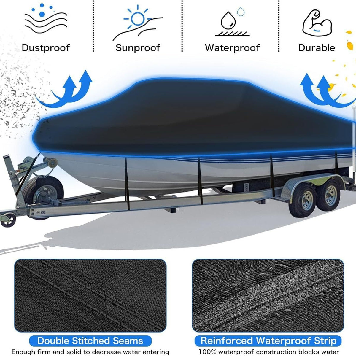 420D/600D Marine Grade Oxford Boat Cover with UV and Waterproof PU Coating, Heavy Duty V-Hull Protection for Docking and Trailer Transport, All-Weather Dust and Sun Shield (Black 600D Oxford, H)