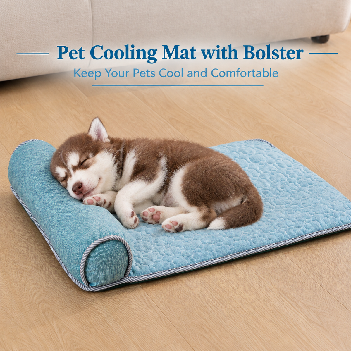 Cooling Pet Mat with Bolster Pillow for Cats and Dogs, Breathable Summer Rest Bed with Anti-Slip Base for Home, Car, Sofa, and Floor Use (Light Blue, L (80*60cm))