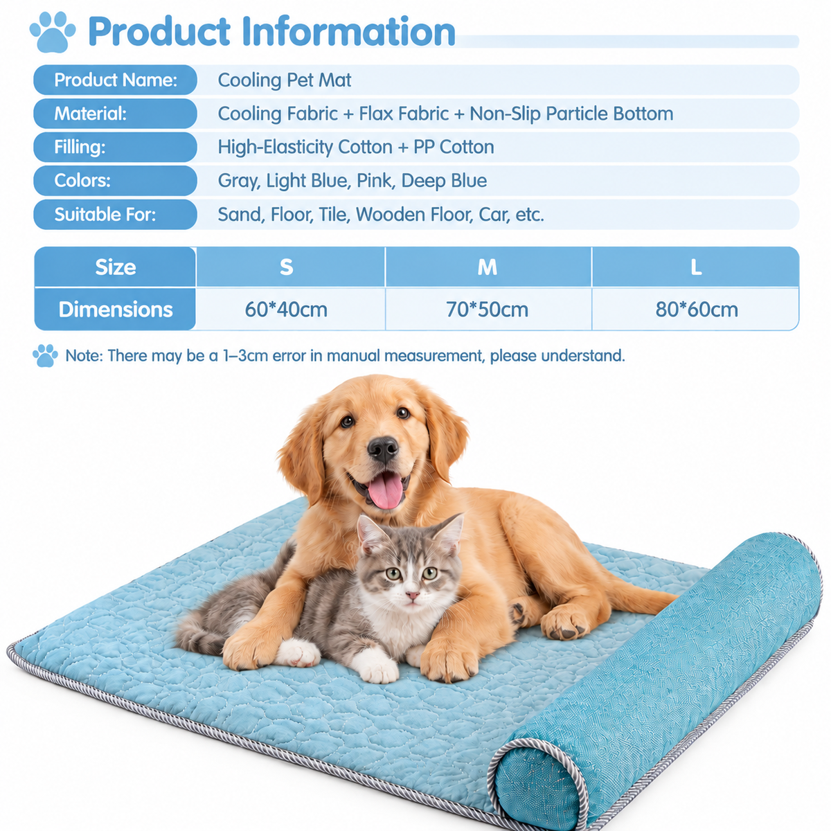 Cooling Pet Mat with Bolster Pillow for Cats and Dogs, Breathable Summer Rest Bed with Anti-Slip Base for Home, Car, Sofa, and Floor Use (Light Blue, L (80*60cm))