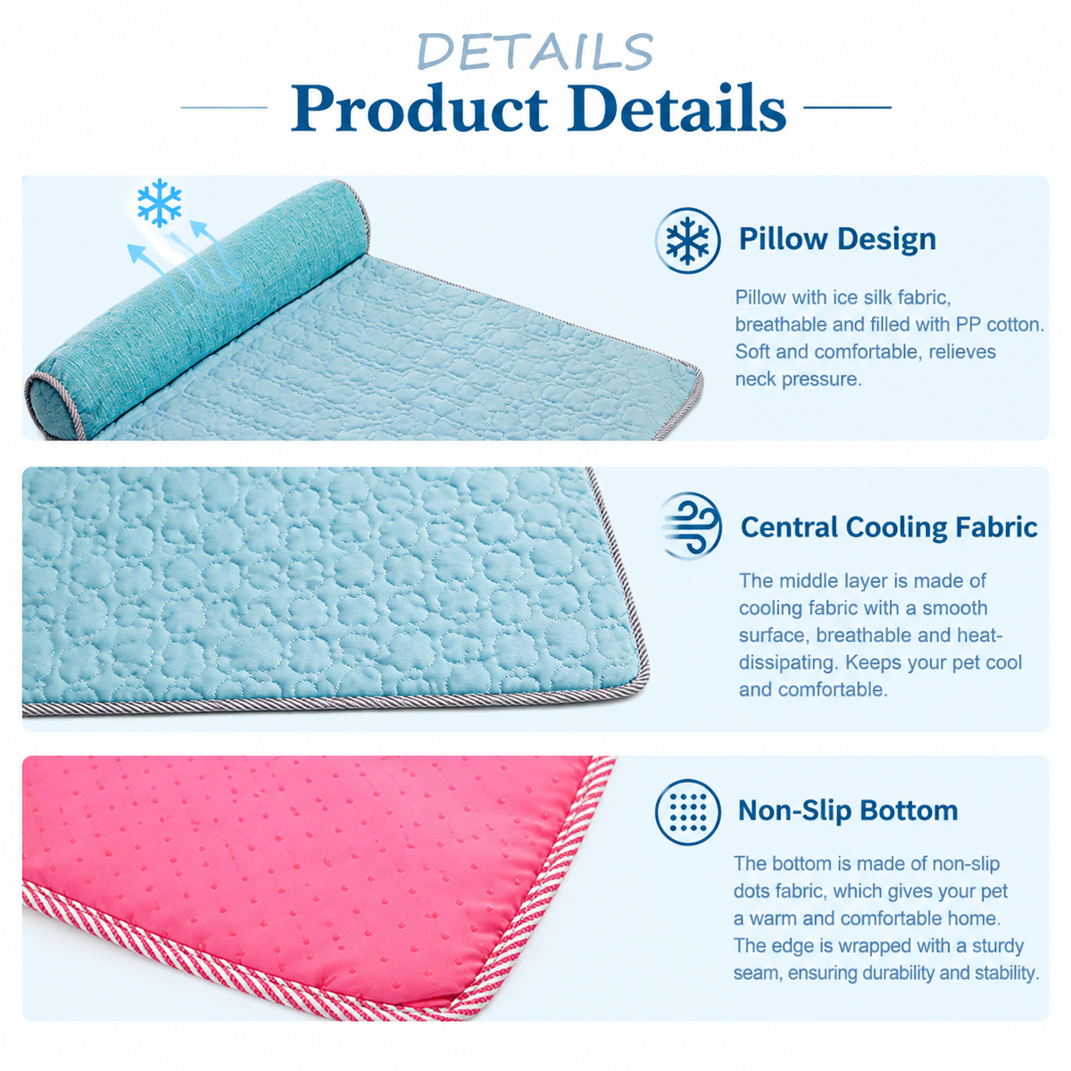 Cooling Pet Mat with Bolster Pillow for Cats and Dogs, Breathable Summer Rest Bed with Anti-Slip Base for Home, Car, Sofa, and Floor Use (Light Blue, M (70*50cm))