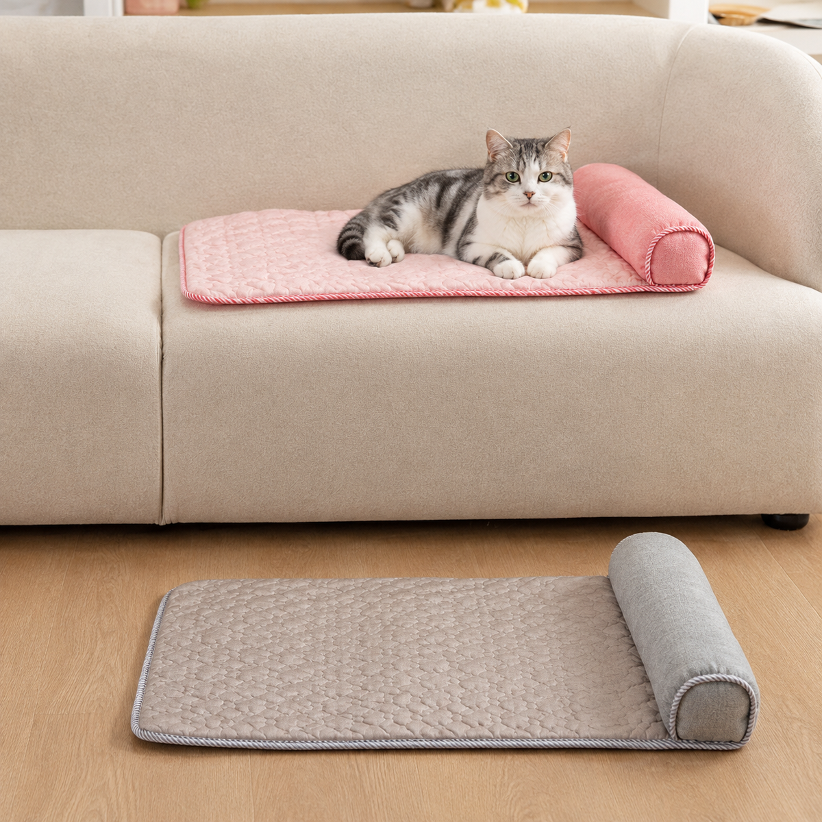 Cooling Pet Mat with Bolster Pillow for Cats and Dogs, Breathable Summer Rest Bed with Anti-Slip Base for Home, Car, Sofa, and Floor Use (Light Blue, M (70*50cm))
