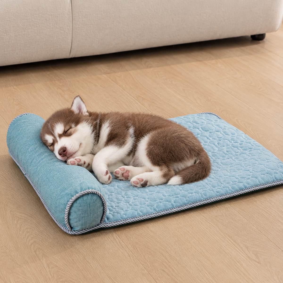 Cooling Pet Mat with Bolster Pillow for Cats and Dogs, Breathable Summer Rest Bed with Anti-Slip Base for Home, Car, Sofa, and Floor Use (Light Blue, M (70*50cm))
