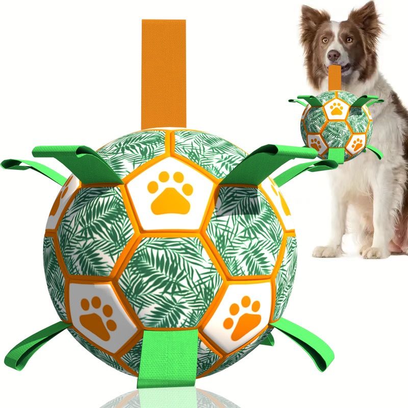 Interactive Dog Soccer Ball Toy with Bite-Resistant PU Surface and Durable Nylon Straps for Fetch, Tug, and Play in Indoor or Outdoor Settings (L)