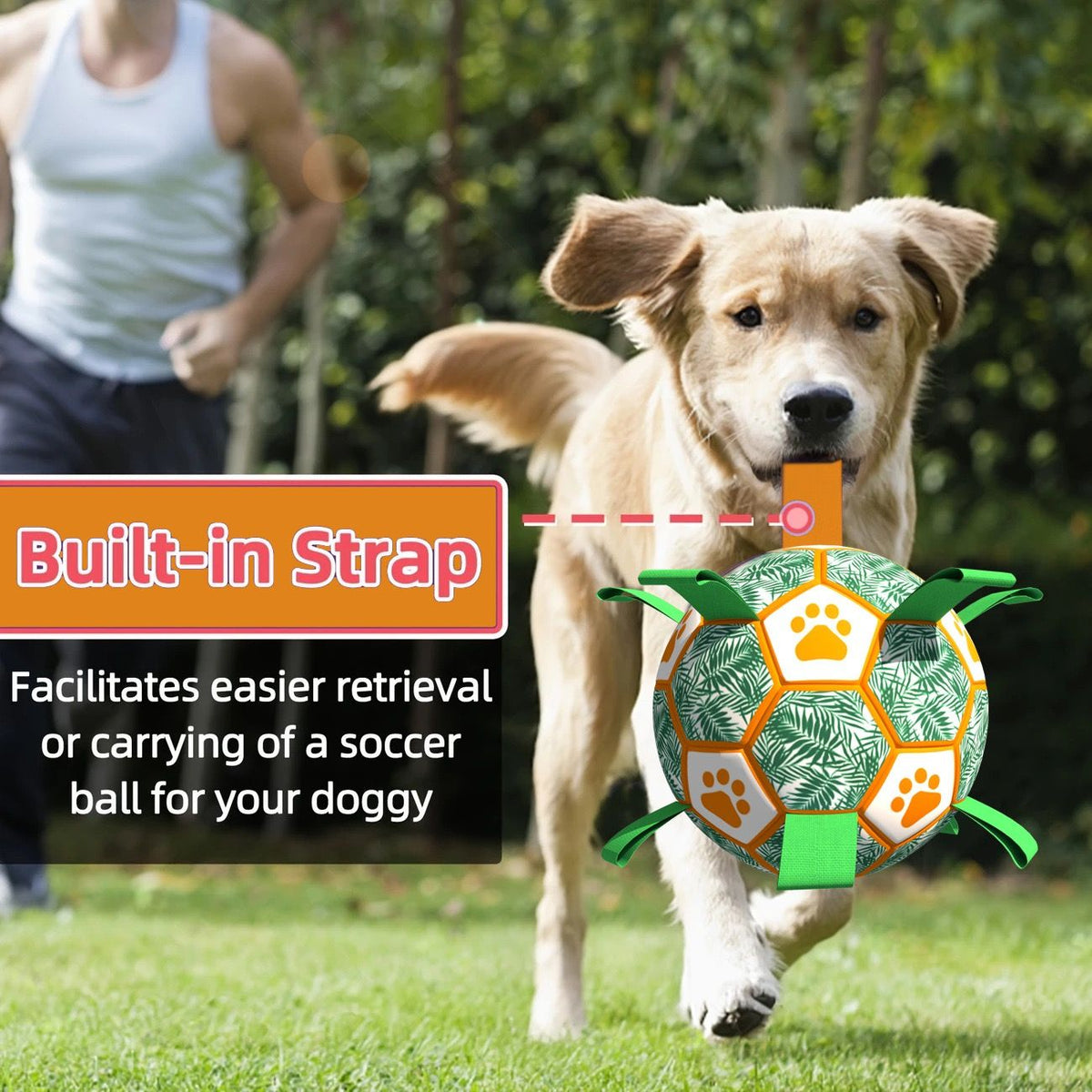 Interactive Dog Soccer Ball Toy with Bite-Resistant PU Surface and Durable Nylon Straps for Fetch, Tug, and Play in Indoor or Outdoor Settings (L)