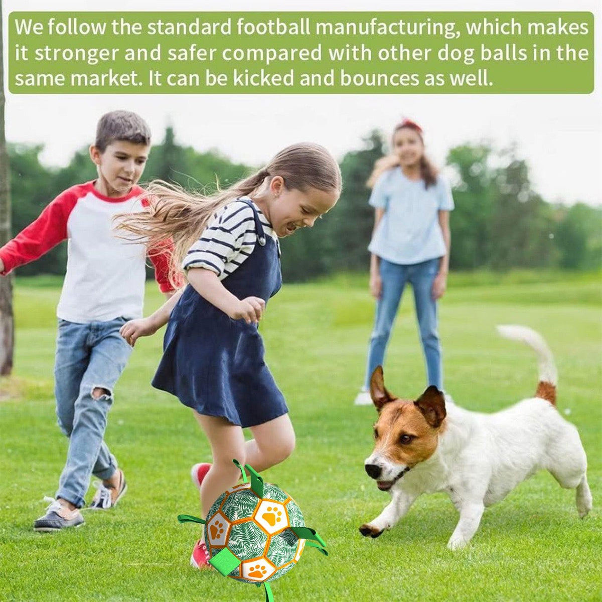 Interactive Dog Soccer Ball Toy with Bite-Resistant PU Surface and Durable Nylon Straps for Fetch, Tug, and Play in Indoor or Outdoor Settings (L)