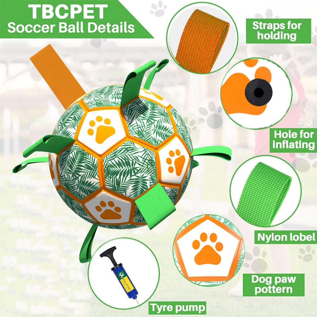 Interactive Dog Soccer Ball Toy with Bite-Resistant PU Surface and Durable Nylon Straps for Fetch, Tug, and Play in Indoor or Outdoor Settings (L)
