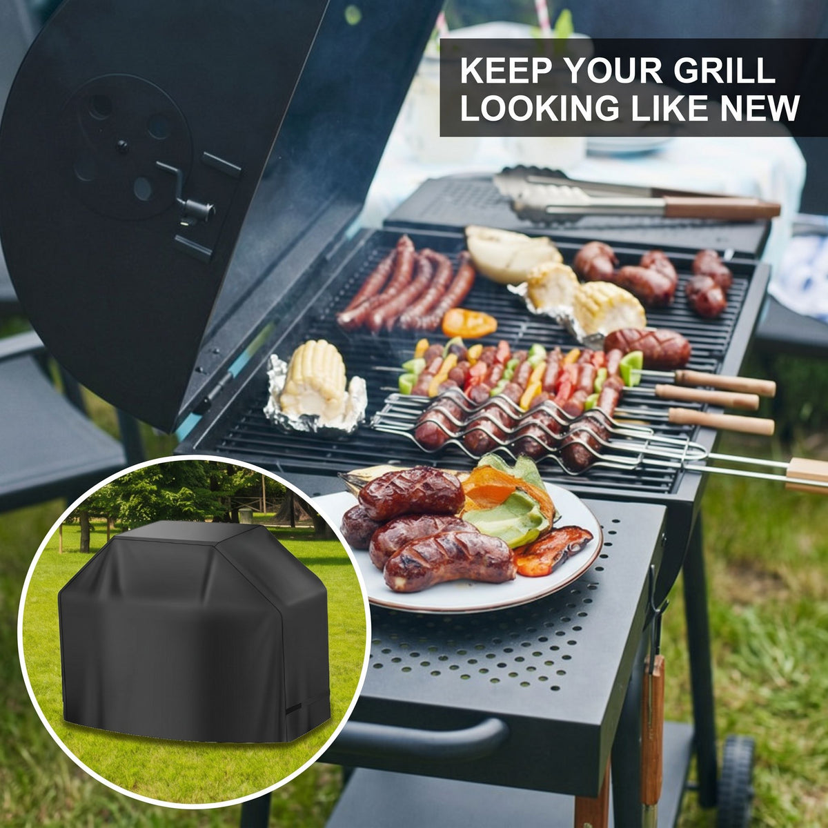 Universal Outdoor Grill Cover Waterproof UV Resistant Dustproof Barbecue Protector with Adjustable Straps for Rectangular Round Kettle and Portable Grills (600D, S13)