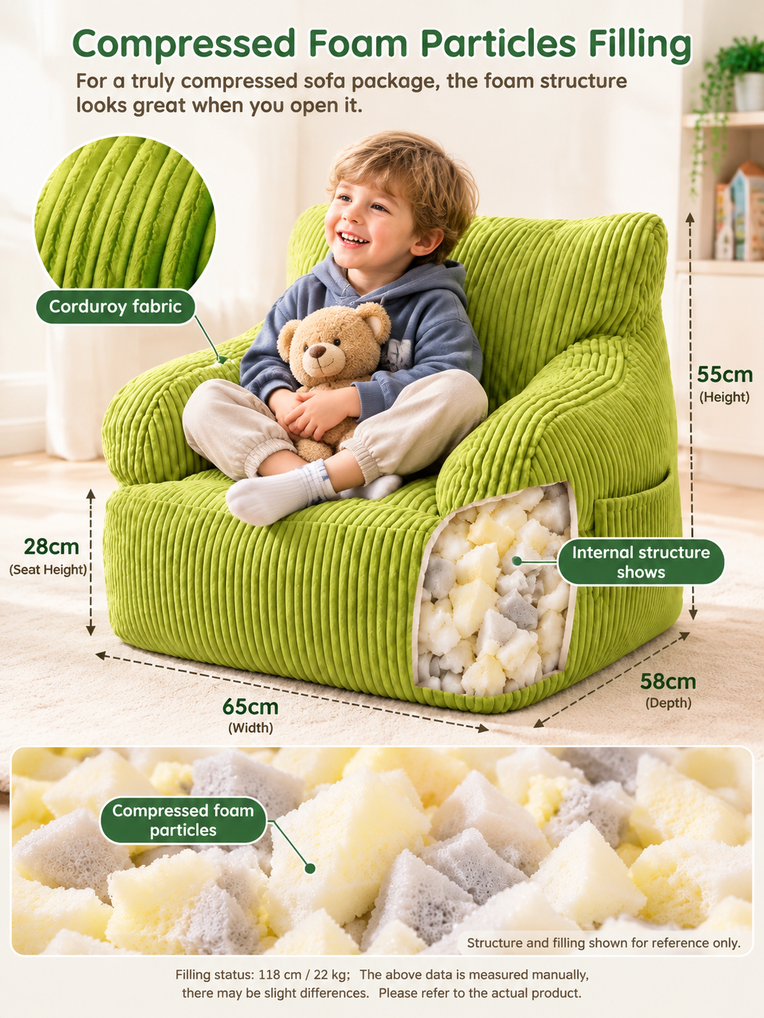 Kids Single Sofa Chair with Corduroy Fabric and Storage Pocket, Cozy Bean Bag Lounger for Children Bedroom and Home Reading Nook (Orange)