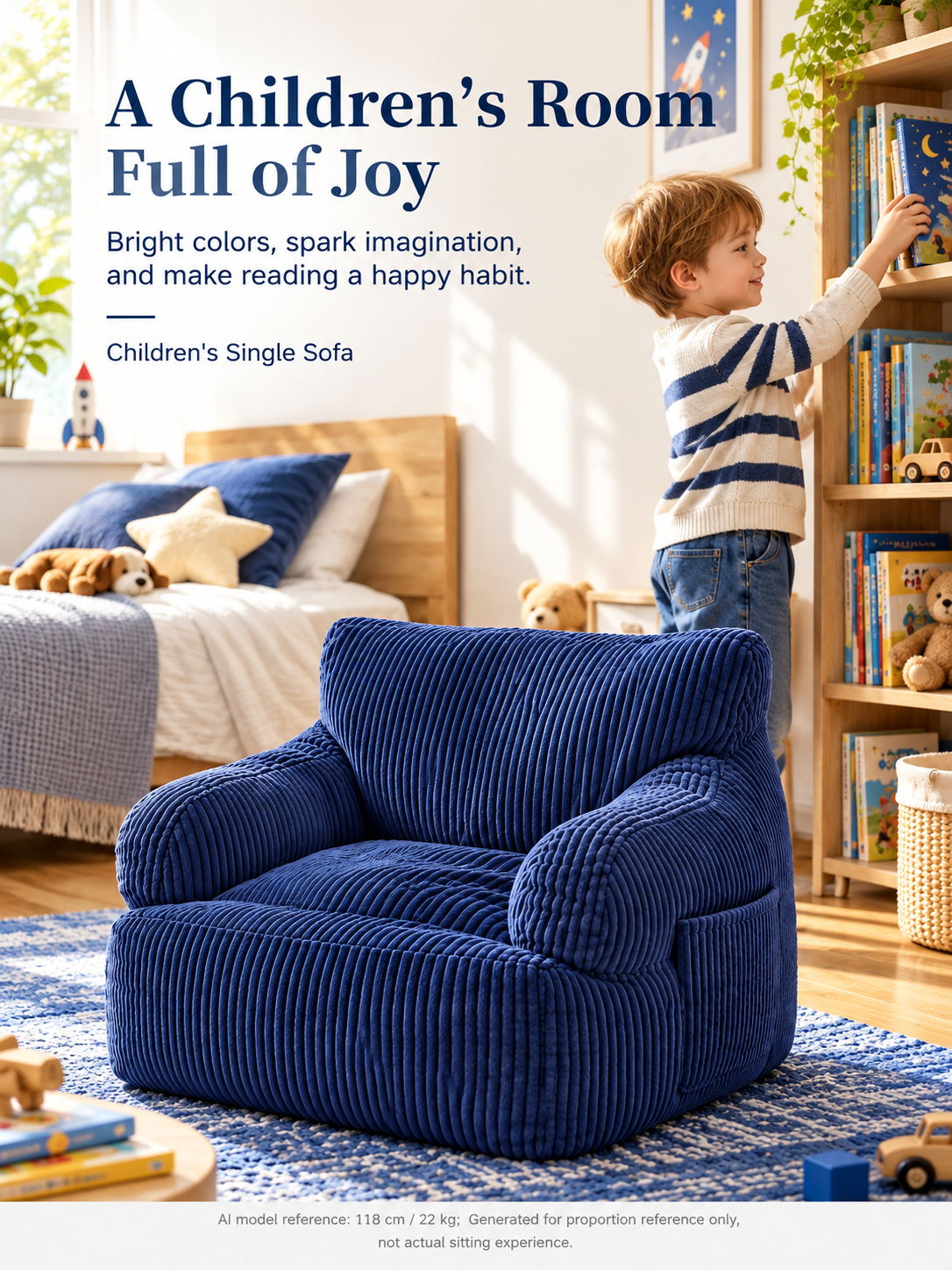 Kids Single Sofa Chair with Corduroy Fabric and Storage Pocket, Cozy Bean Bag Lounger for Children Bedroom and Home Reading Nook (Orange)