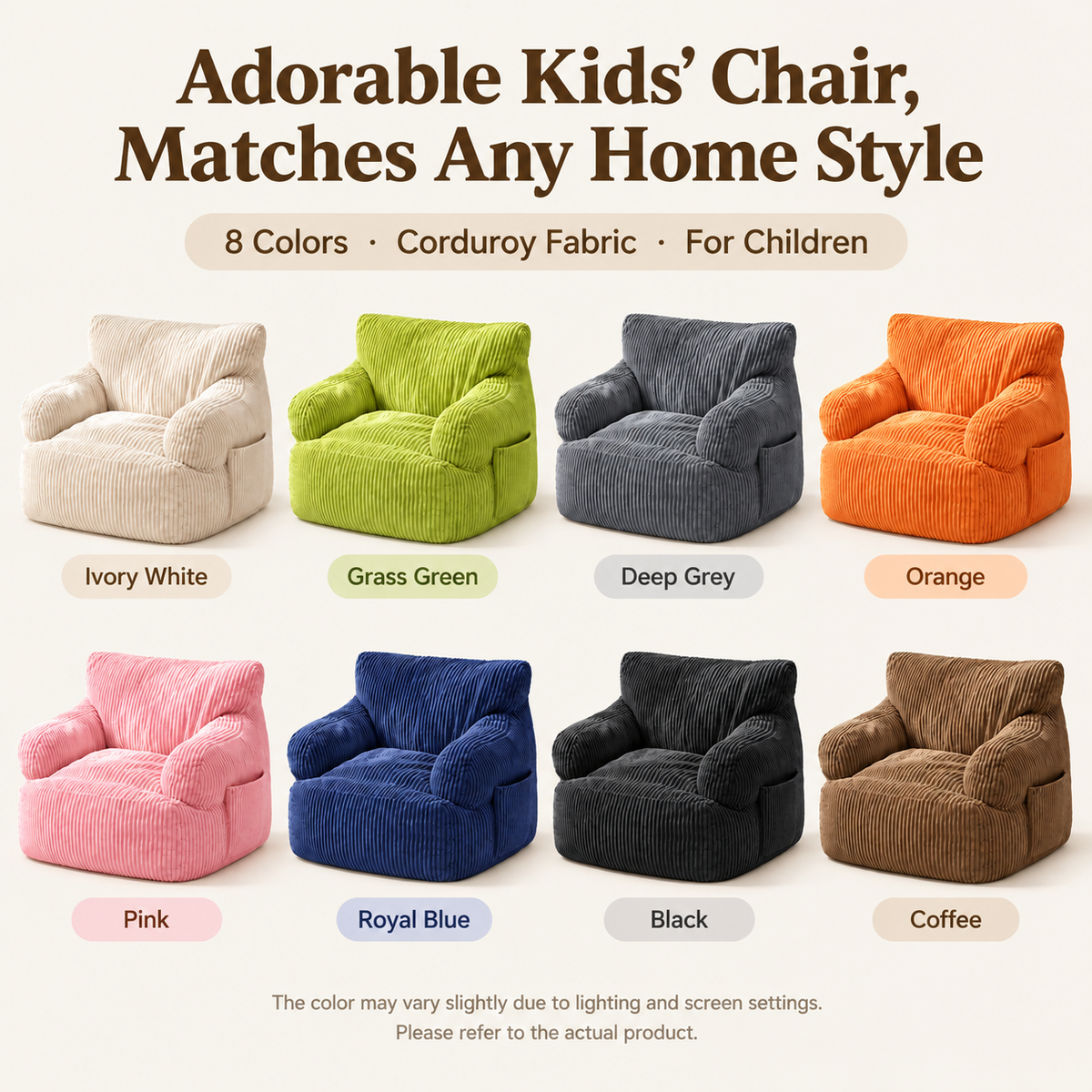 Kids Single Sofa Chair with Corduroy Fabric and Storage Pocket, Cozy Bean Bag Lounger for Children Bedroom and Home Reading Nook (Orange)