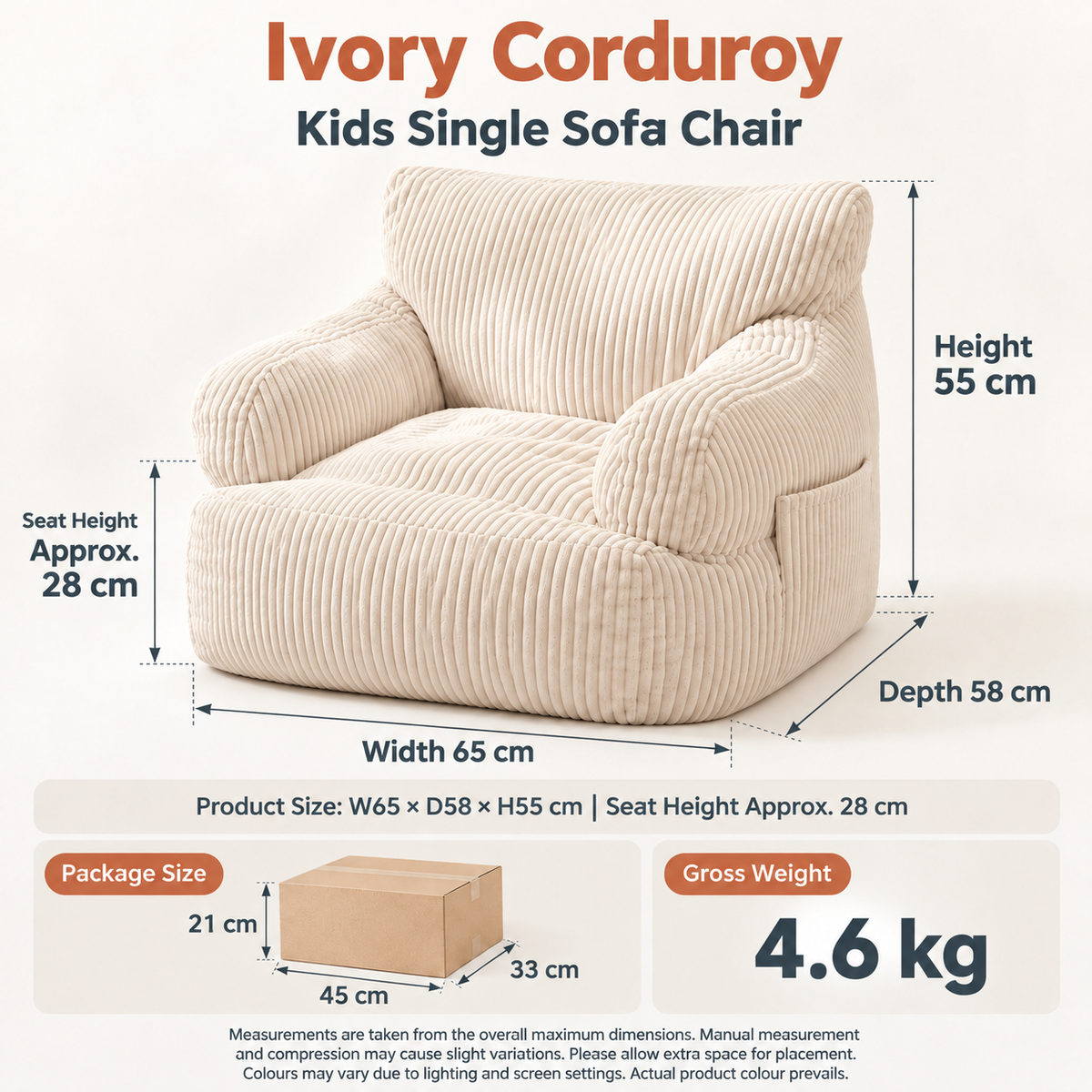 Kids Single Sofa Chair with Corduroy Fabric and Storage Pocket, Cozy Bean Bag Lounger for Children Bedroom and Home Reading Nook (Orange)