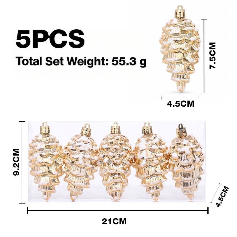 5-Piece Christmas Pinecone Hanging Ornaments Set with Frosted Snow Accents, Glossy Plastic Xmas Tree Decorations for Holiday Home and Gift Arrangements (Gold)