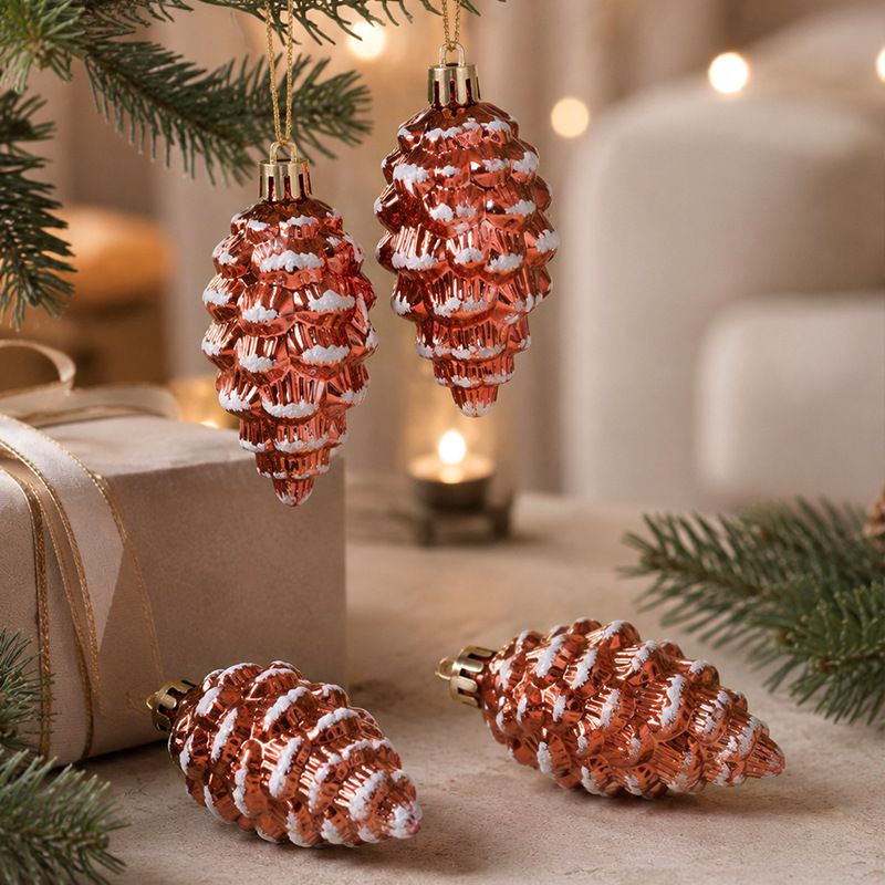 5-Piece Christmas Pinecone Hanging Ornaments Set with Frosted Snow Accents, Glossy Plastic Xmas Tree Decorations for Holiday Home and Gift Arrangements (RoseGold)