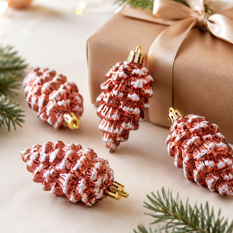 5-Piece Christmas Pinecone Hanging Ornaments Set with Frosted Snow Accents, Glossy Plastic Xmas Tree Decorations for Holiday Home and Gift Arrangements (RoseGold)