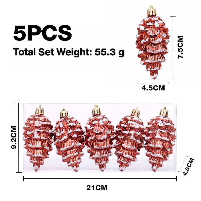 5-Piece Christmas Pinecone Hanging Ornaments Set with Frosted Snow Accents, Glossy Plastic Xmas Tree Decorations for Holiday Home and Gift Arrangements (RoseGold)