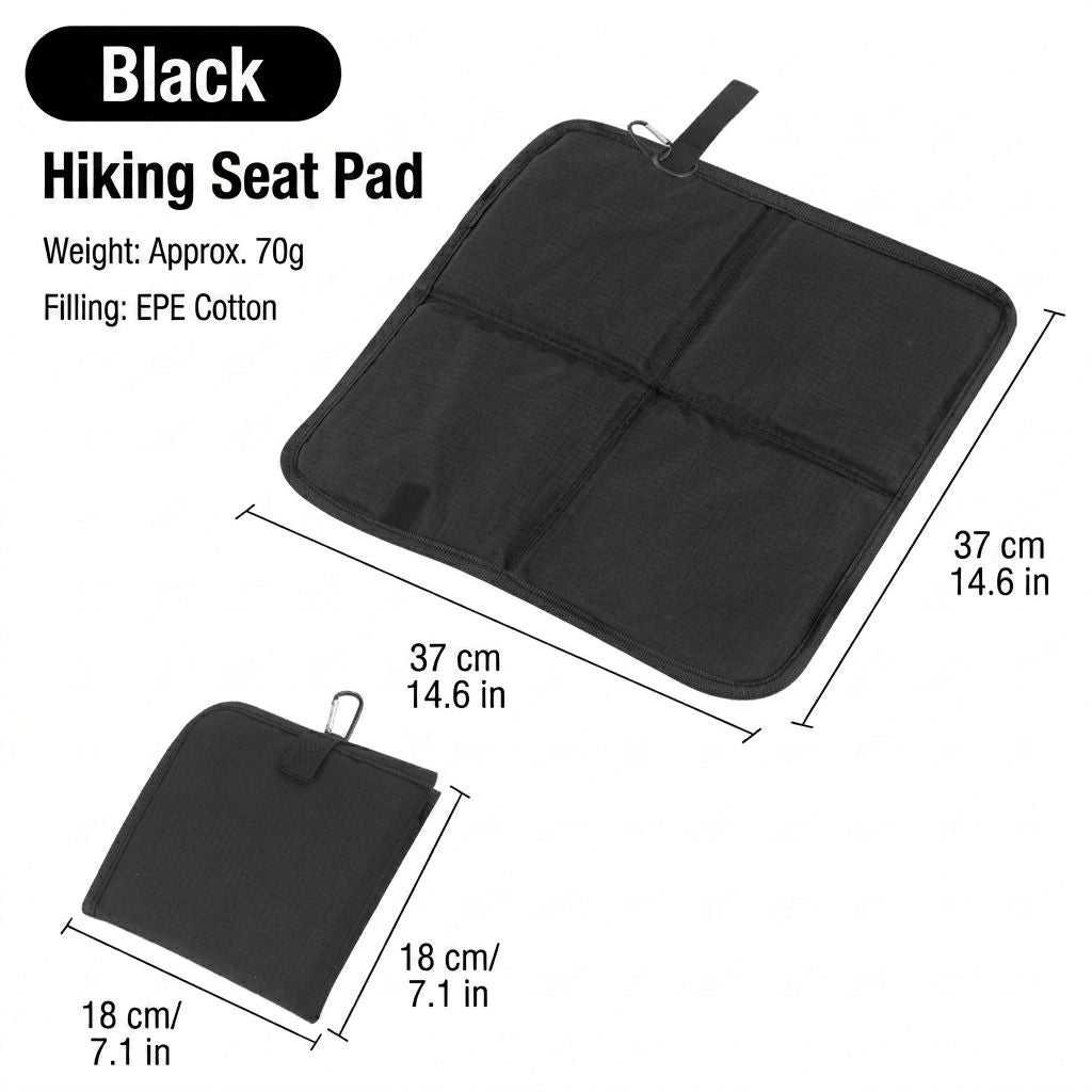 Ultralight Portable Folding Seat Cushion – Waterproof, Tear-Resistant PU Outdoor Mat for Hiking, Camping, Picnics, and Park Relaxation with Carabiner Clip and Compact Foldable Design (Black)