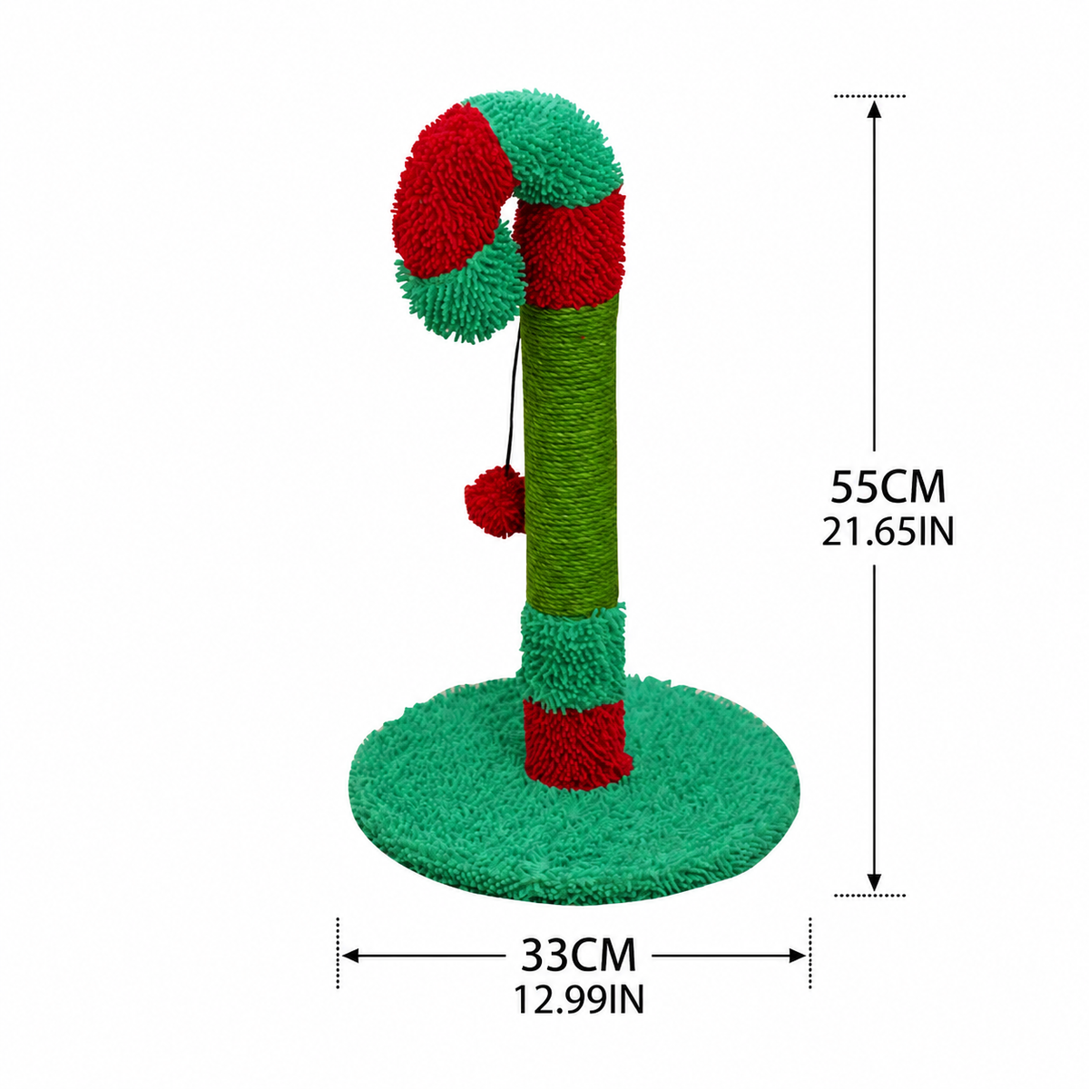 Christmas Candy Cane Cat Scratching Post - Durable Sisal, Plush Covered, Interactive Hanging Toy, Festive Red & Green, All-in-One Indoor Play Station for Feline Fun (33*55CM)