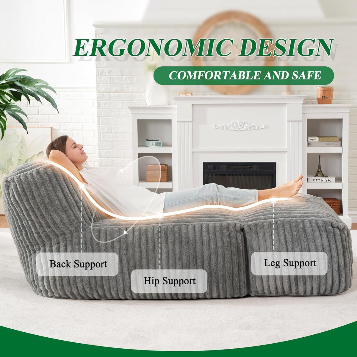 Ergonomic Bean Bag Chaise Lounger with Vertical Plush Fabric and High-Density Foam for Living Room Reading, Napping, and TV Watching (Blush)
