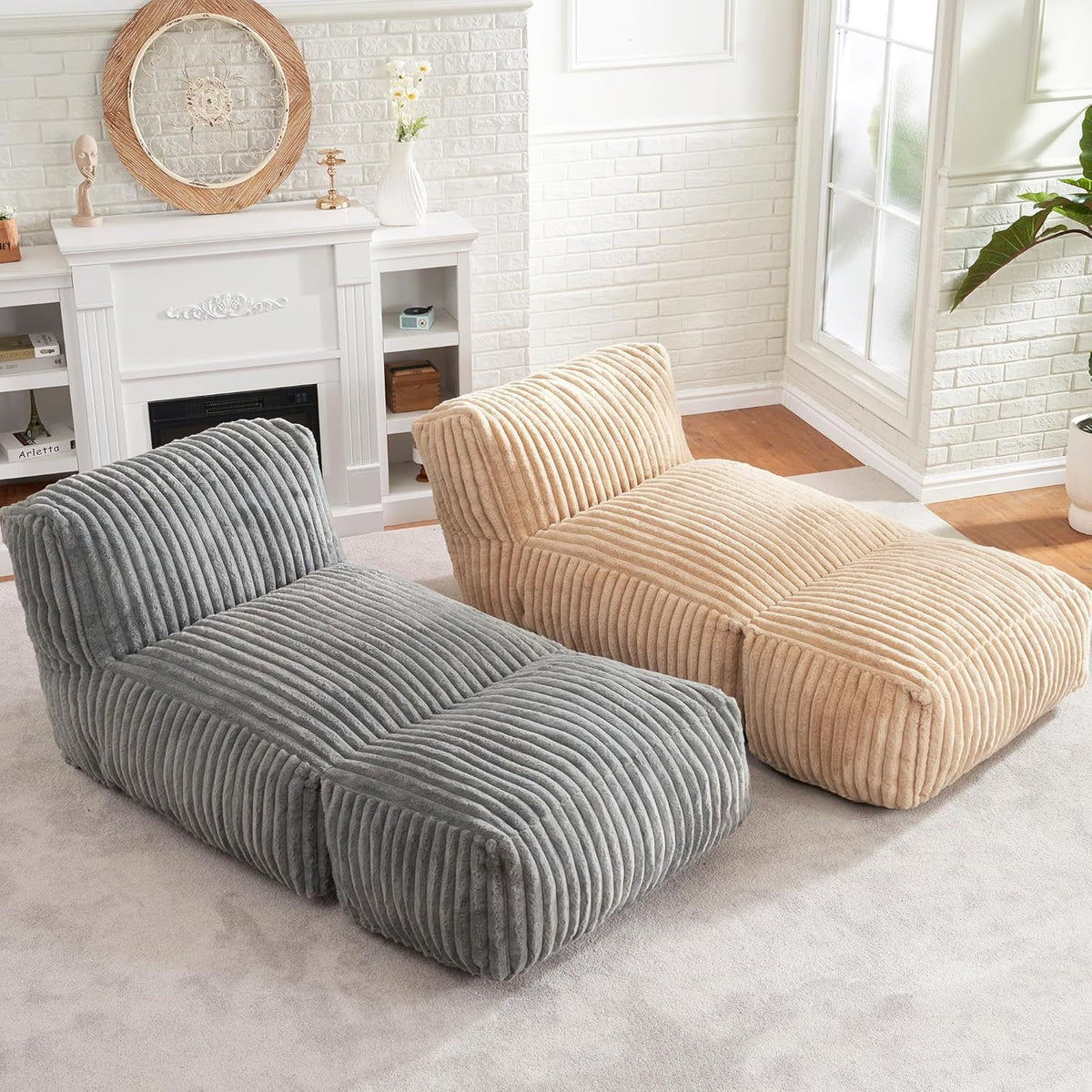 Ergonomic Bean Bag Chaise Lounger with Vertical Plush Fabric and High-Density Foam for Living Room Reading, Napping, and TV Watching (Blush)