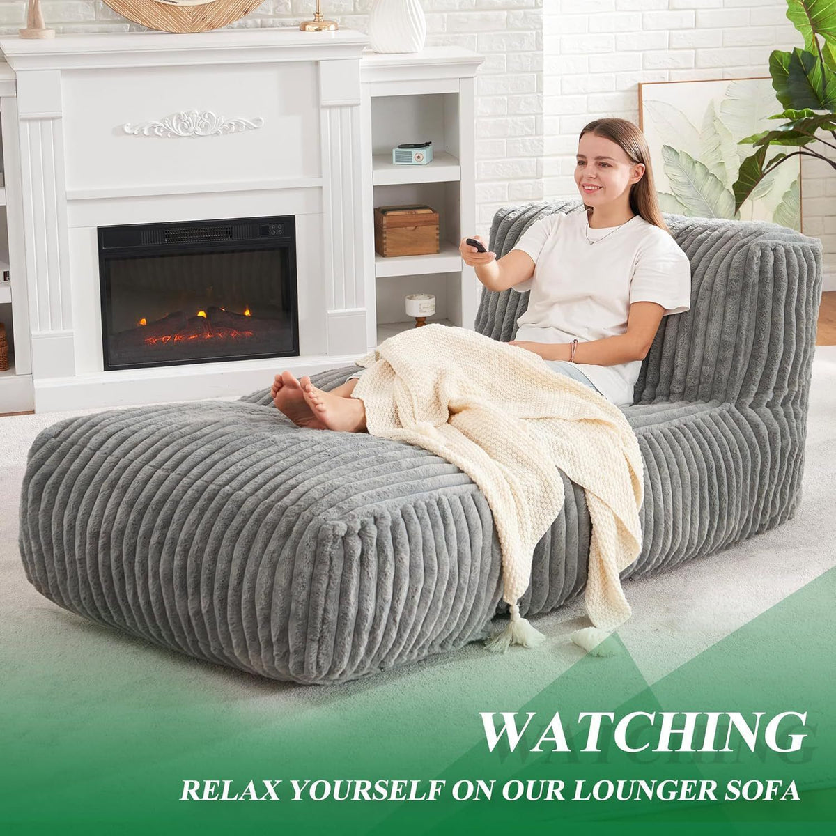 Ergonomic Bean Bag Chaise Lounger with Vertical Plush Fabric and High-Density Foam for Living Room Reading, Napping, and TV Watching (Blush)