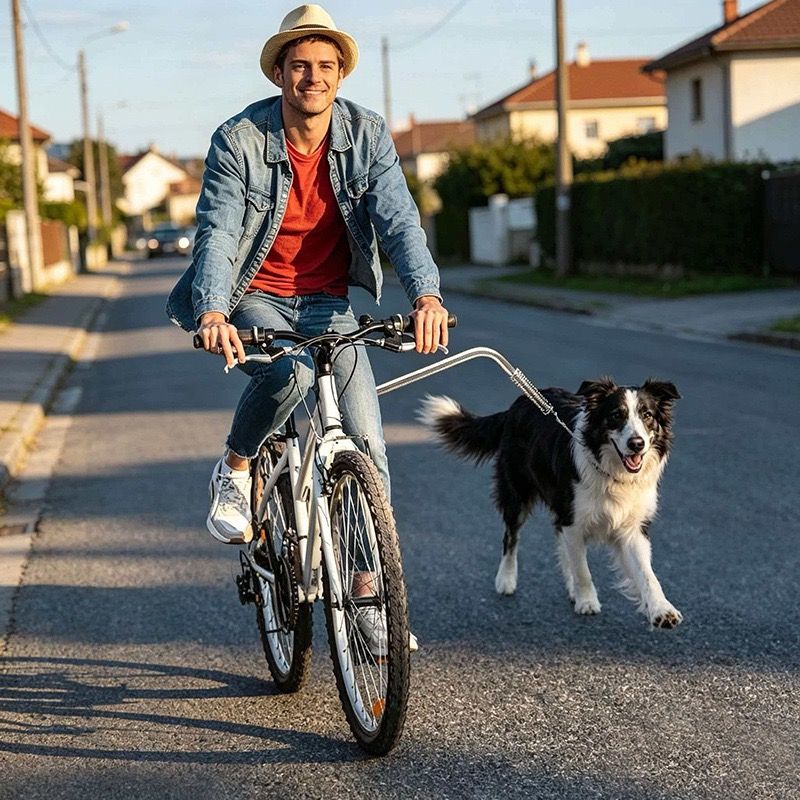Bike Dog Leash with Shock-Absorbing Spring Bracket – Hands-Free Cycling Dog Walker for Outdoor Adventures, City Streets, and Suburban Trails, Secure Metal Mount and Durable Nylon Strap for Safe, Comfortable Joint Rides with Your Furry Companion (Silver)