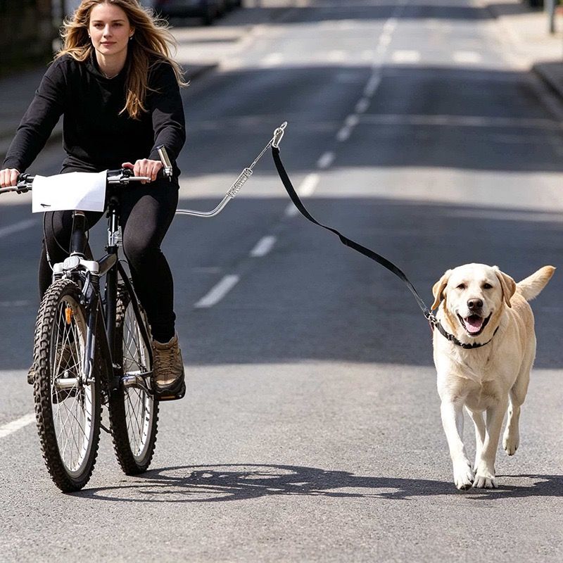 Bike Dog Leash with Shock-Absorbing Spring Bracket – Hands-Free Cycling Dog Walker for Outdoor Adventures, City Streets, and Suburban Trails, Secure Metal Mount and Durable Nylon Strap for Safe, Comfortable Joint Rides with Your Furry Companion (Silver)